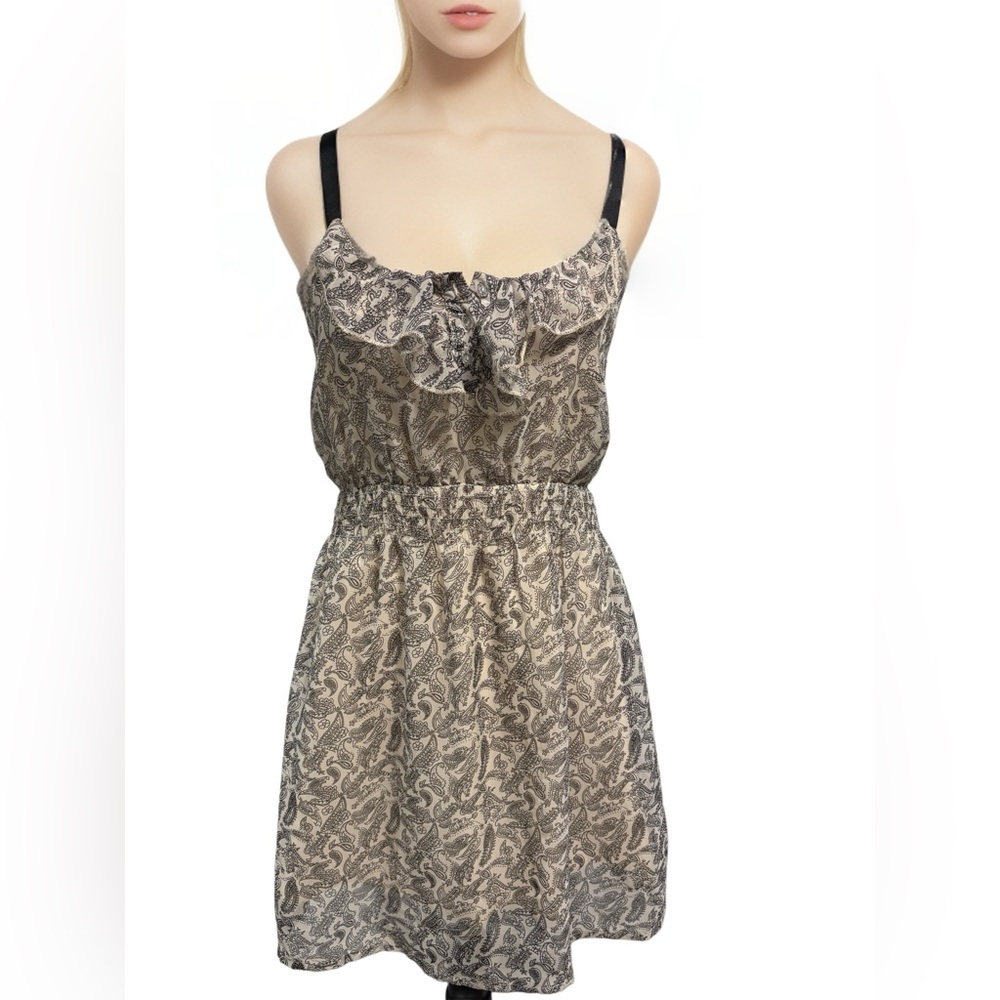 Red Berry Black & Cream French Ruffle & Button Neckline Flare Mini Dress -M